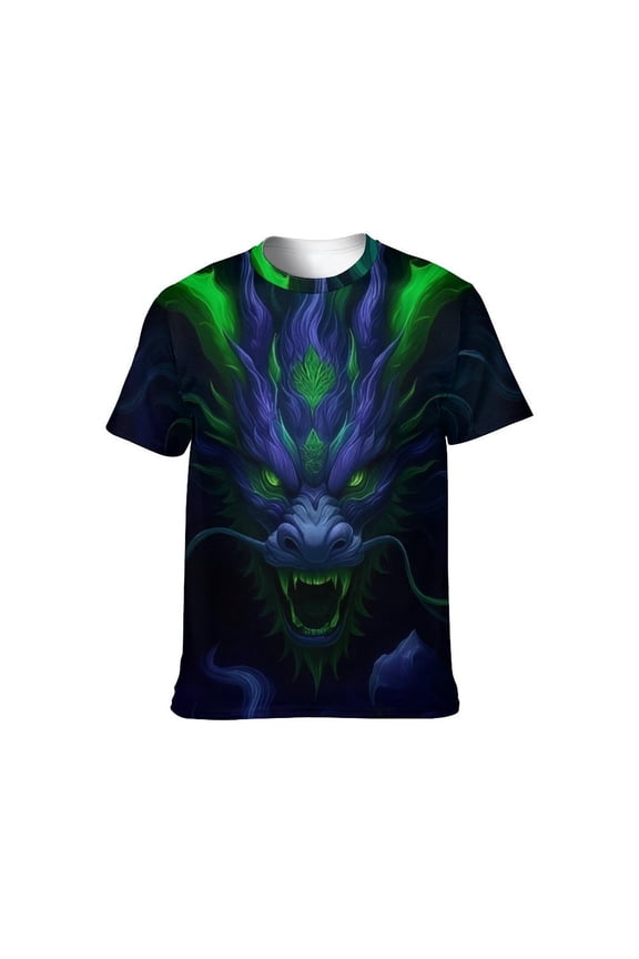 Men’s Dragon T Shirt 3D All Over Print Graphic Tee, Dark Fantasy Fire Dragon Face with Glowing Eyes, Short Sleeve Crewneck Streetwear Shirt S-4XL