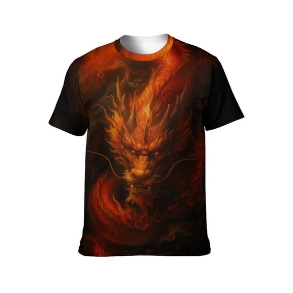 LAOLIUSN Men’s Dragon T Shirt 3D All Over Print Graphic Tee, Dark Fantasy Fire Dragon Face with Glowing Eyes, Short Sleeve Crewneck Streetwear Shirt S-4XL