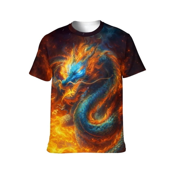 LAOLIUSN Men's Fire Dragon Graphic T Shirt, All Over Print Blue Dragon Crew Neck Short Sleeve Tee, Fantasy Dragon Shirt,S-4XL