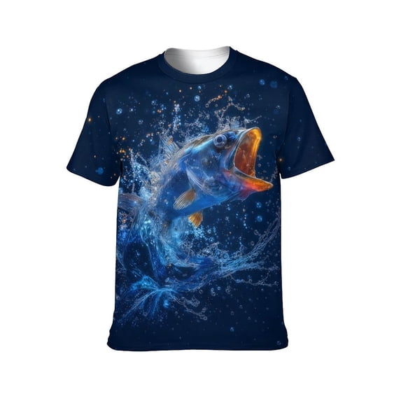 LAOLIUSN Men's Fishing Graphic T-Shirt, Bass Fish Water Splash Tee, Outdoor Short Sleeve Fishing Shirt, S-4XL