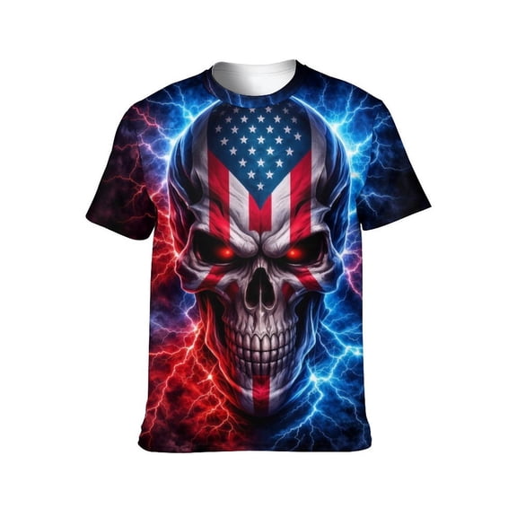 LAOLIUSN Men's Lightning Skull T-Shirt Patriotic Theme Tee American Flag Graphic Top, S-4XL