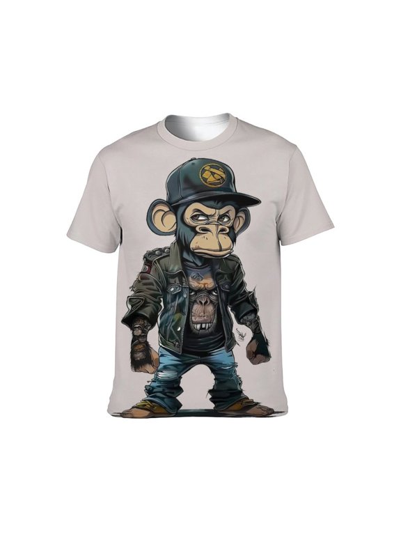 Men's Monkey Graphic T Shirt, Streetwear Ape Print Tee, Punk Casual Short Sleeve Crewneck Shirt, 88% Polyester 12% Spandex,2XL