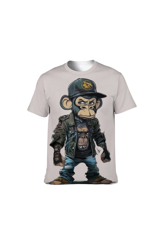 Men's Monkey Graphic T Shirt, Streetwear Ape Print Tee, Punk Casual Short Sleeve Crewneck Shirt, 88% Polyester 12% Spandex,L