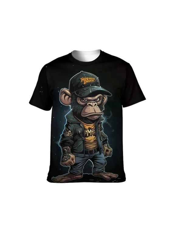 Men's Monkey Graphic T Shirt, Streetwear Ape Print Tee, Punk Casual Short Sleeve Crewneck Shirt, 88% Polyester 12% Spandex,S