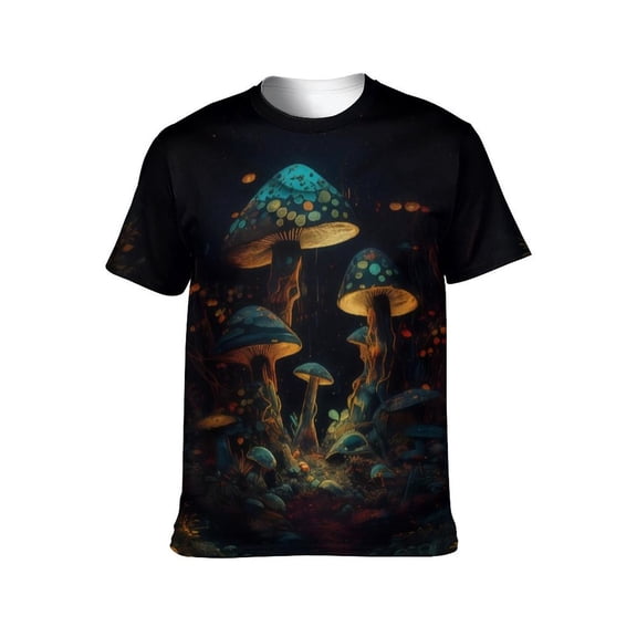LAOLIUSN Men's Mushroom Graphic T Shirt, Psychedelic Fantasy Glow Tee, All Over Print Crew Neck Short Sleeve Shirt, S-4XL