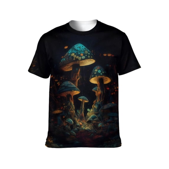 LAOLIUSN Men's Mushroom Graphic T Shirt, Psychedelic Fantasy Glow Tee, All Over Print Crew Neck Short Sleeve Shirt, S-4XL