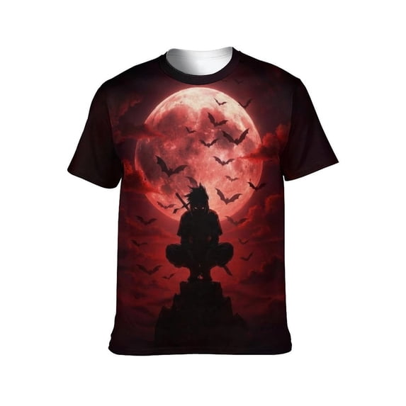 LAOLIUSN Men’s Ninja Samurai T-Shirt, Full Moon Anime Graphic Tee, 3D All Over Print Short Sleeve Crewneck, 88% Polyester 12% Spandex, S-4XL