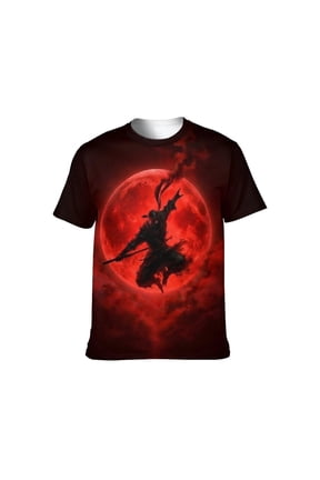 Men’s Ninja Samurai T-Shirt, Full Moon Anime Graphic Tee, 3D All Over Print Short Sleeve Crewneck, 88% Polyester 12% Spandex, S-4XL