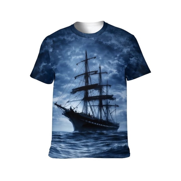 LAOLIUSN Men's Pirate Ship Graphic T-Shirt, Dark Ocean Ghost Ship All Over Print Tee, Nautical Fantasy Short Sleeve Shirt, 2XL