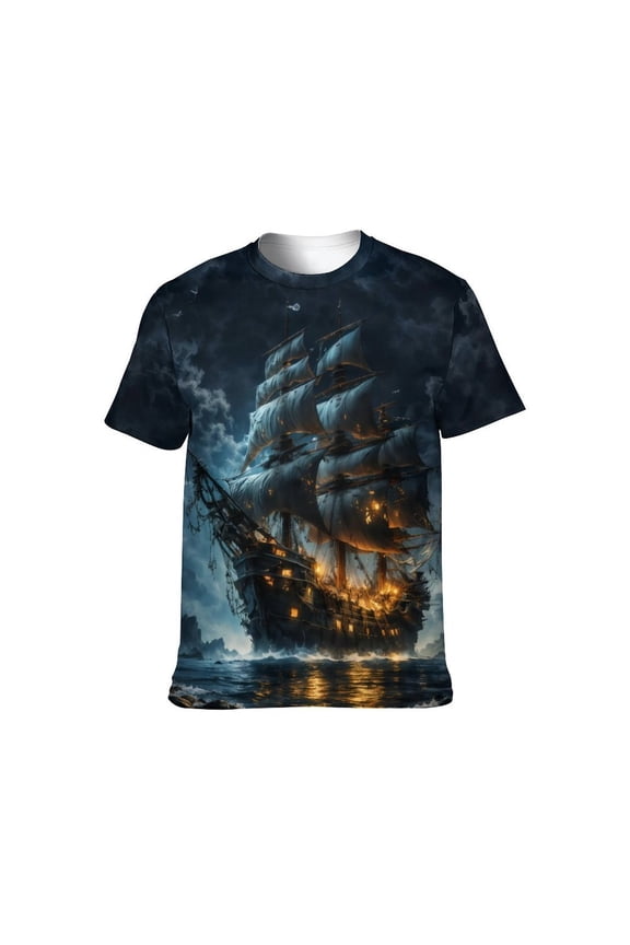 Men's Pirate Ship Graphic T-Shirt, Dark Ocean Ghost Ship All Over Print Tee, Nautical Fantasy Short Sleeve Shirt, M