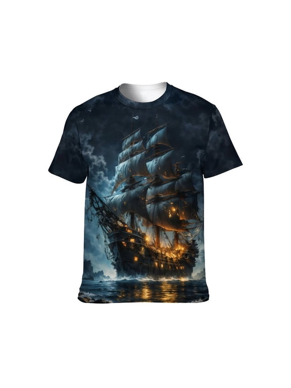 Men's Pirate Ship Graphic T-Shirt, Dark Ocean Ghost Ship All Over Print Tee, Nautical Fantasy Short Sleeve Shirt, XL