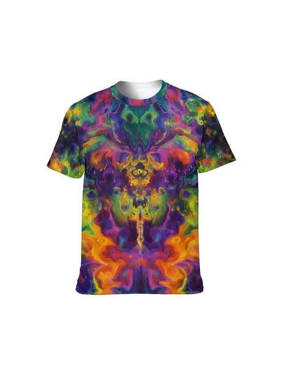 Men's Psychedelic Graphic Tee, Trippy All Over Print Shirt, Fluid Art 3D Vibrant Summer T-Shirt, Breathable Comfort,XL