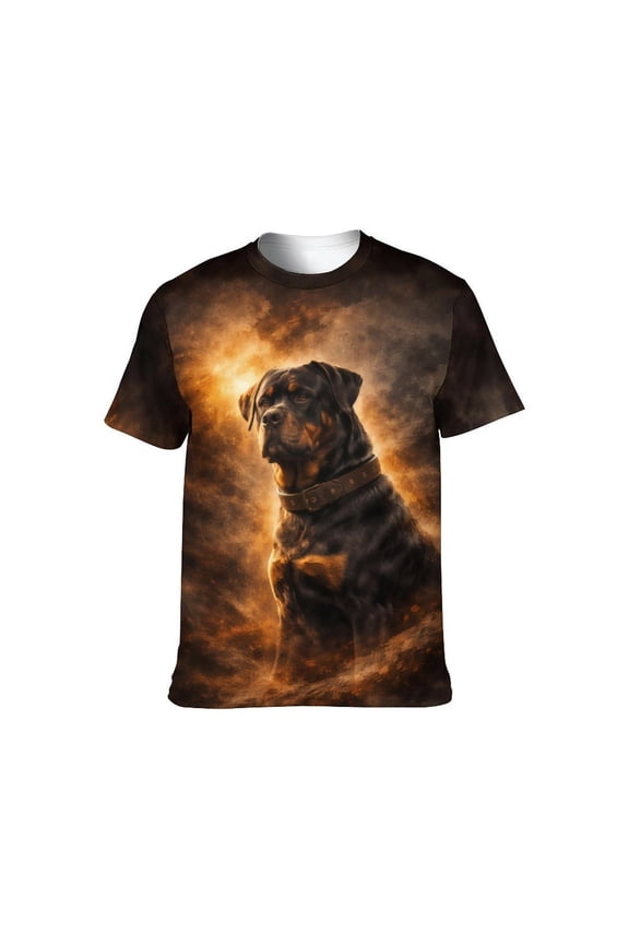 Men's Rottweiler 3D All Over Print T-Shirt, Realistic Dog Graphic Performance Tee, Stretch Breathable Quick Dry Short Sleeve Top, L
