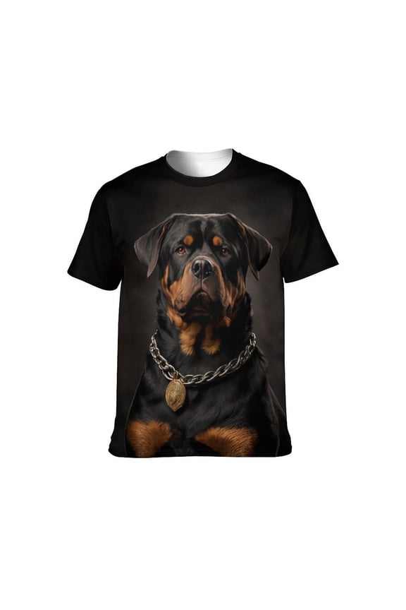 Men's Rottweiler 3D All Over Print T-Shirt, Realistic Dog Graphic Performance Tee, Stretch Breathable Quick Dry Short Sleeve Top S