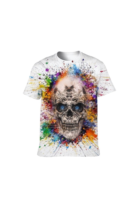 Men's Skull Graphic T Shirt, Colorful Paint Splatter Print Short Sleeve Crew Neck Tee, S-4XL