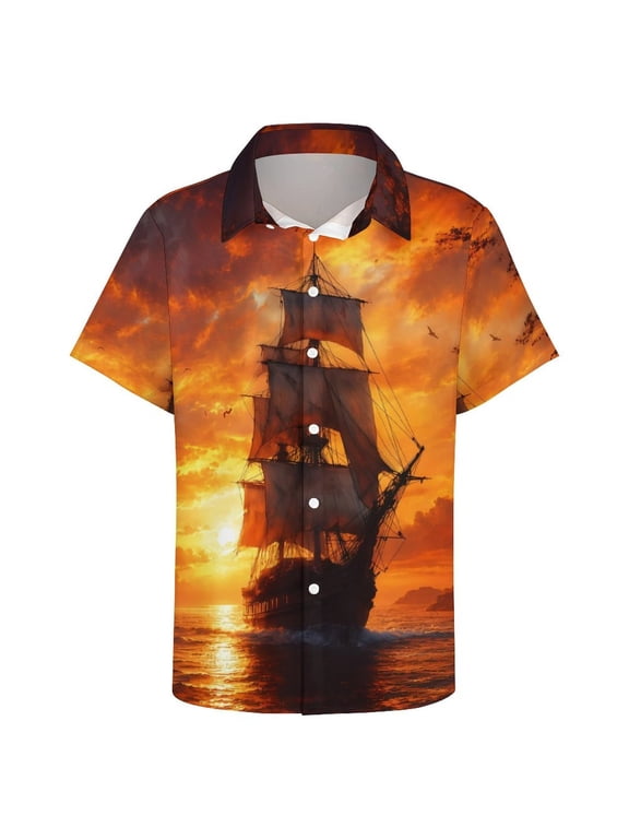 Men's Sunset Sailing Ship Shirt, Hawaiian Casual Button Down Shirt, Tropical Cruise Wear, S-4XL