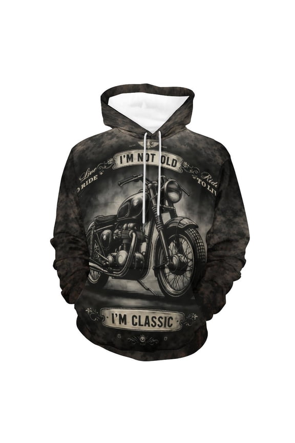 Men’s Vintage Motorcycle Biker Hoodie, All-Over Print 3D Graphic Pullover Sweatshirt, Stretch Fabric, S–4XL