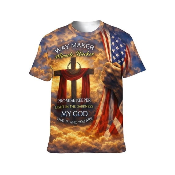 LAOLIUSN Men's Way Maker Christian Patriotic T-Shirt, American Flag Cross Graphic Tee, Performance Stretch 88% Polyester, S-4XL