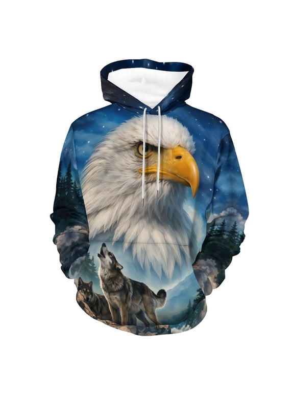 Men’s Wildlife All Over Print Hoodie, Bald Eagle Head & Wolf Pack Graphic, Nature Forest Mountain Design, 88% Polyester 12% Spandex,L