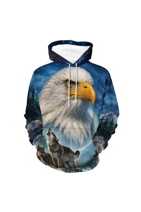 Men’s Wildlife All Over Print Hoodie, Bald Eagle Head & Wolf Pack Graphic, Nature Forest Mountain Design, 88% Polyester 12% Spandex,S