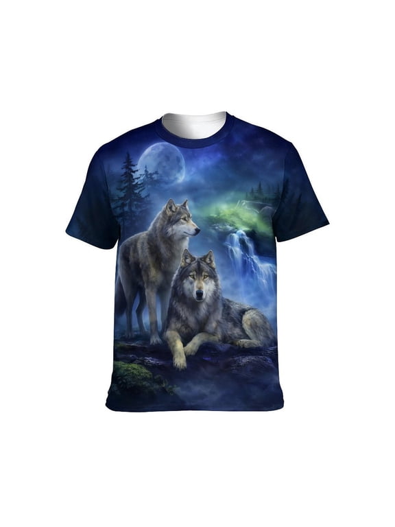Men's Wolf Print T-Shirt, Moon Forest Graphic Tee, S-4XL