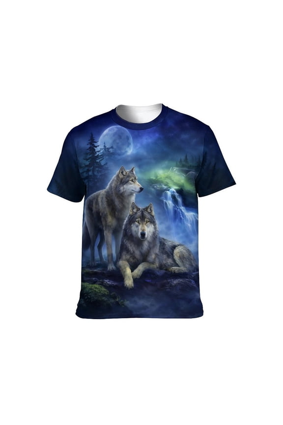 Men's Wolf Print T-Shirt, Moon Forest Graphic Tee, S-4XL