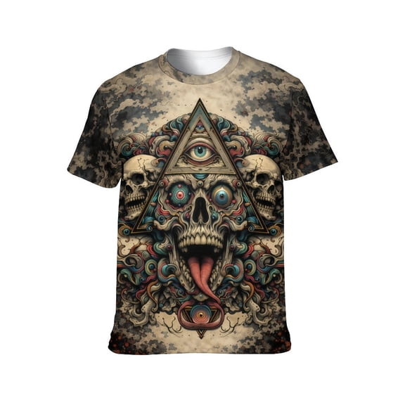 LAOLIUSN en’s 3D All Over Print Skull Graphic T-Shirt, All-Seeing Eye Triangle Design, Crewneck Short Sleeve Stretch Tee, 88% Polyester 12% Spandex, S-4XL