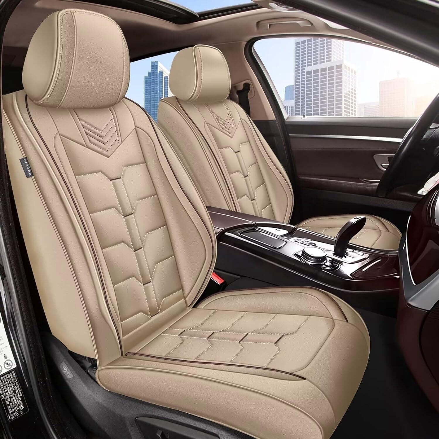 LAONNVIR Black Front Seat Covers Set Fit for Toyota RAV4 2013-2024 2025 Breathable and Waterproof Car Seat Covers 2 Front Leather Seat Covers(Beige,Front Seat)