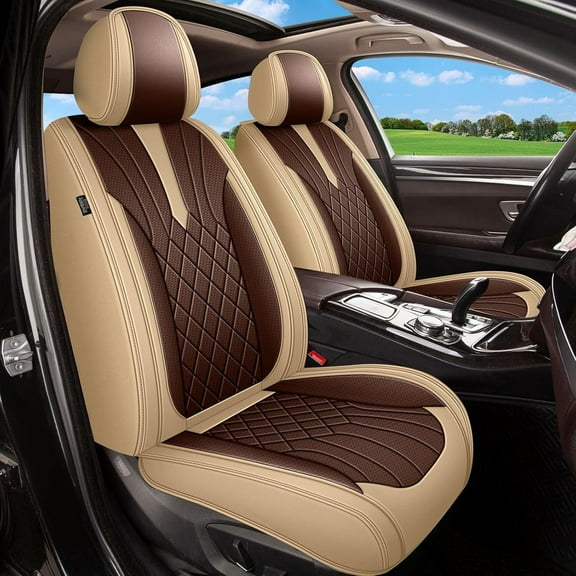 LAONNVIR Car Seat Covers Compatible with Chevrolet Suburban 2009-2024 Waterproof Leather Seat Protectors Premium Leather Car Interior Beige&Brown,2PCS Front