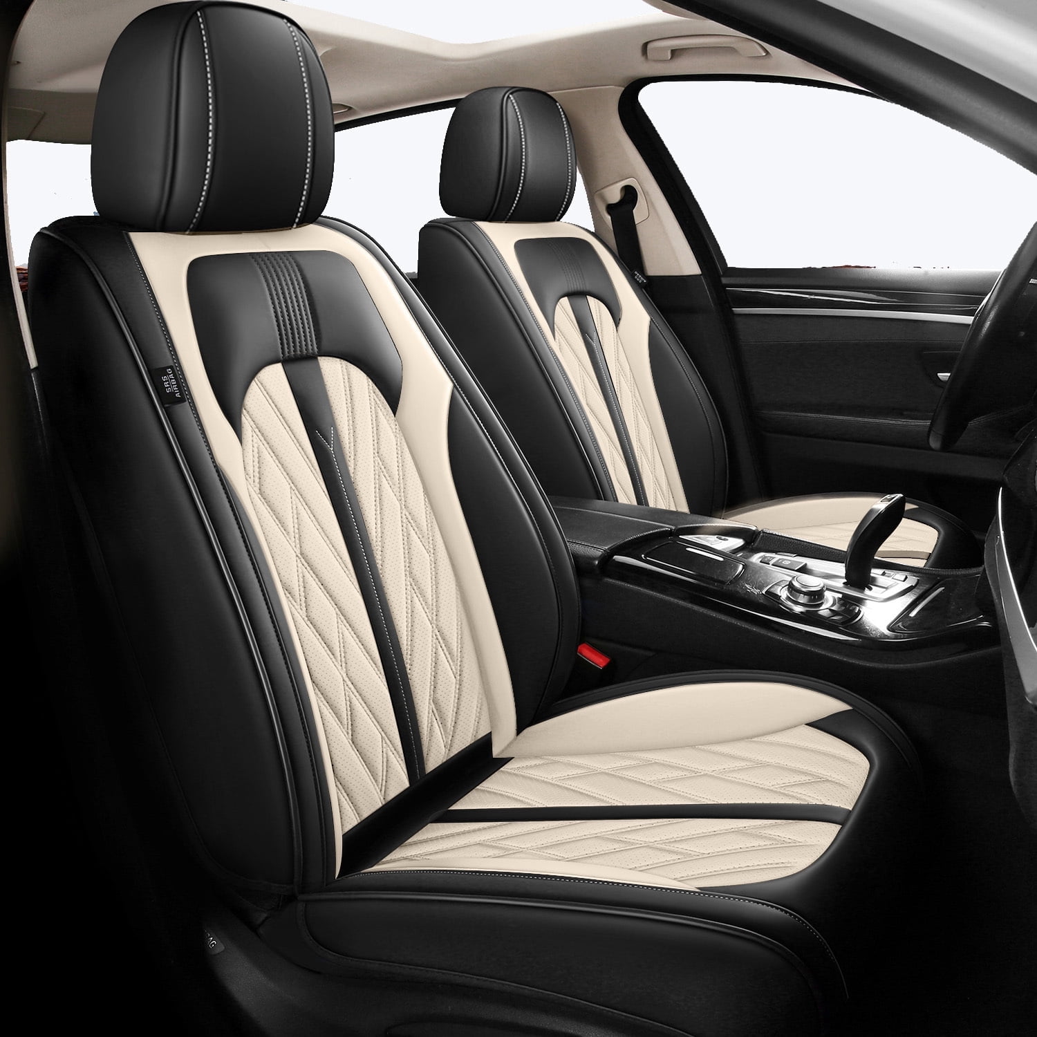 LAONNVIR Car Seat Covers Custom Fit for 2009-2025 Ford F-150 Auto Interior Waterproof and Breathable Leather Vehical Car Seat Cushions protector Black&Beige,Front Seat