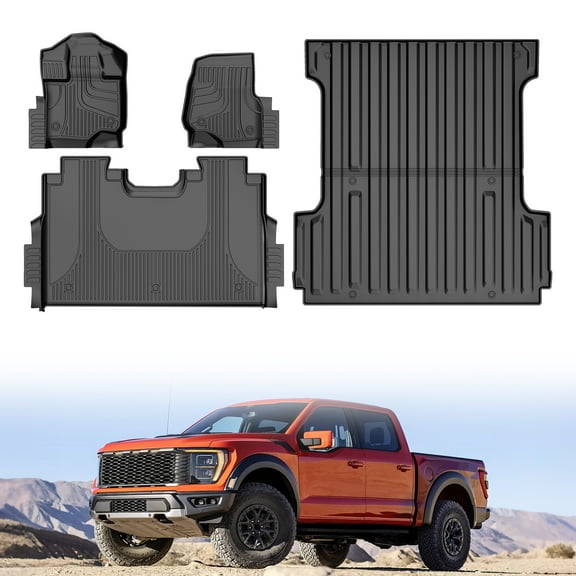 LAONNVIR Floor Mats and 5.5FT Truck Bed Mat For Ford F150 Super Crew Cab 2015-2025 Custom Fit Ford F150 1st & 2nd Row Full Set Car Accessories