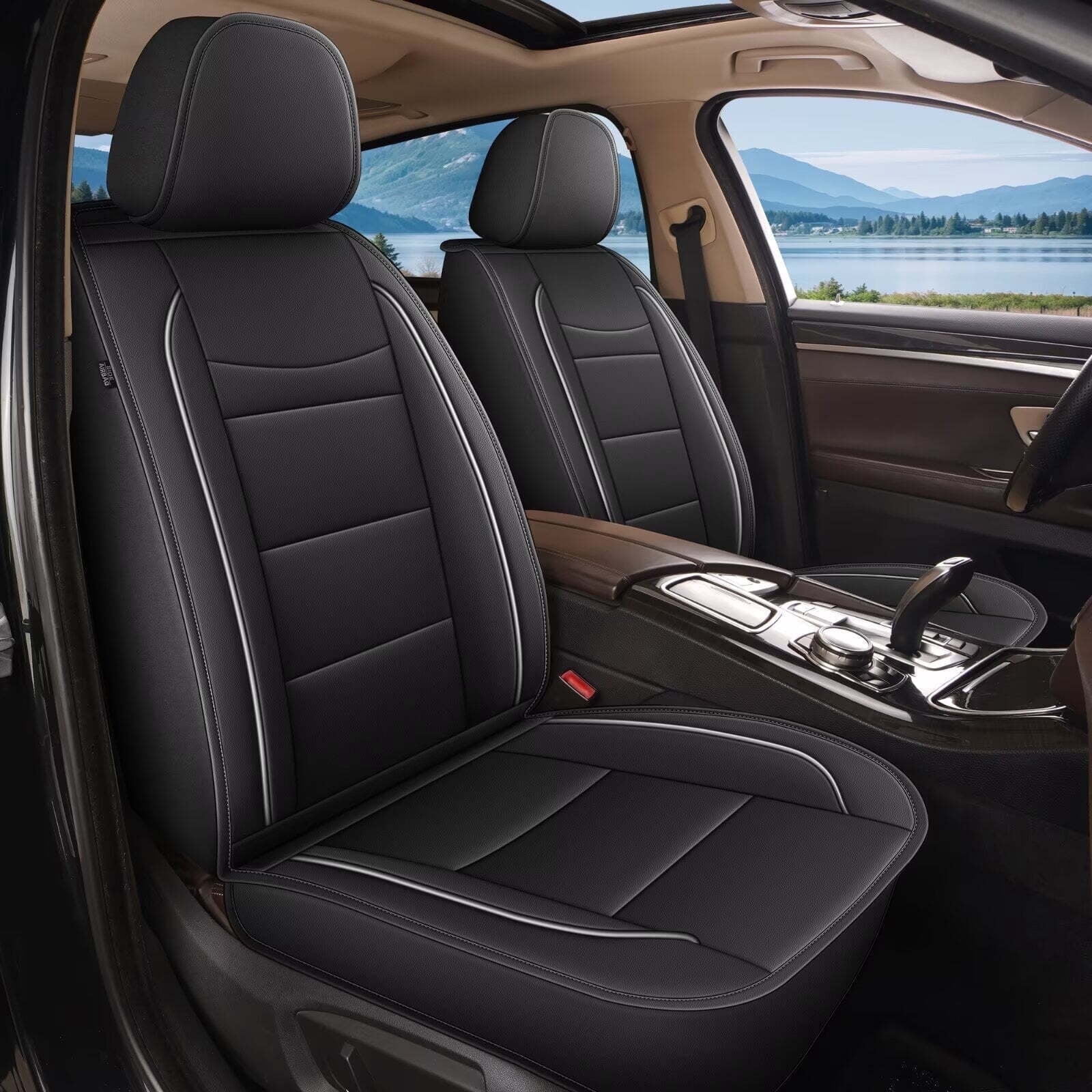 LAONNVIR Front Car Seat Covers,Premium Leather Car Seat Protectors,Automotive Interior Cushions Universal Fit Most Cars(Black,Front Pair)