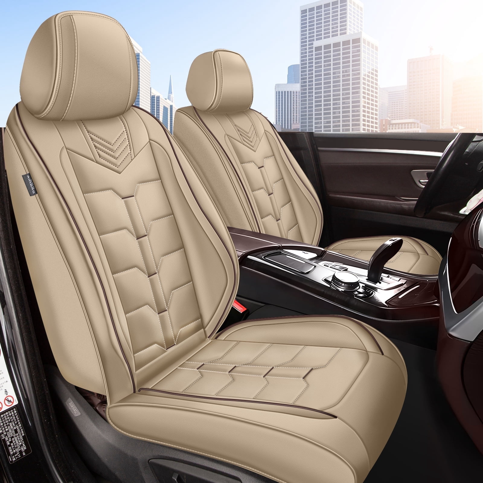 LAONNVIR Leather Car Seat Covers,Breathable and Waterproof Faux Leather Automotive Seat Covers for Cars SUV Pick-up Truck,Universal Anti-Slip Driver Seat Cover with Backrest(Beige,Full Seat)