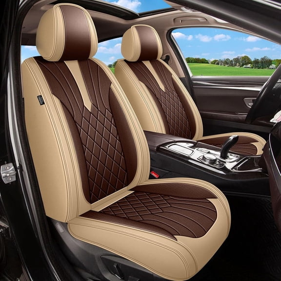 LAONNVIR Seat Covers for Cars Fit for Volkswagen/VW Golf GTI/R 2015-2021 Leather Seat Protector with Lumbar Support Automotive Interior Compatible Airbag Beige&Brown,2PCS Front