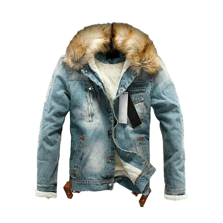 Faux fur hooded button men's denim jacket discount