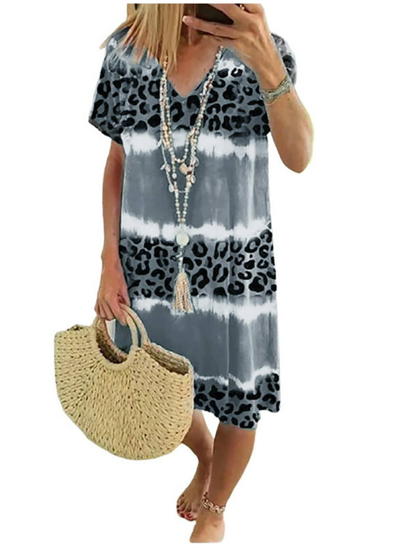 LAPA Summer Casual Loose Dress for Women Tie Dyed Leopard Print Short Sleeve Beach Dress