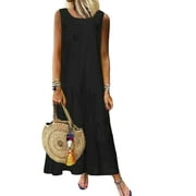 KVMeteor Women Casual Cotton Linen Dress Plain Sleeveless Maxi Long Dress