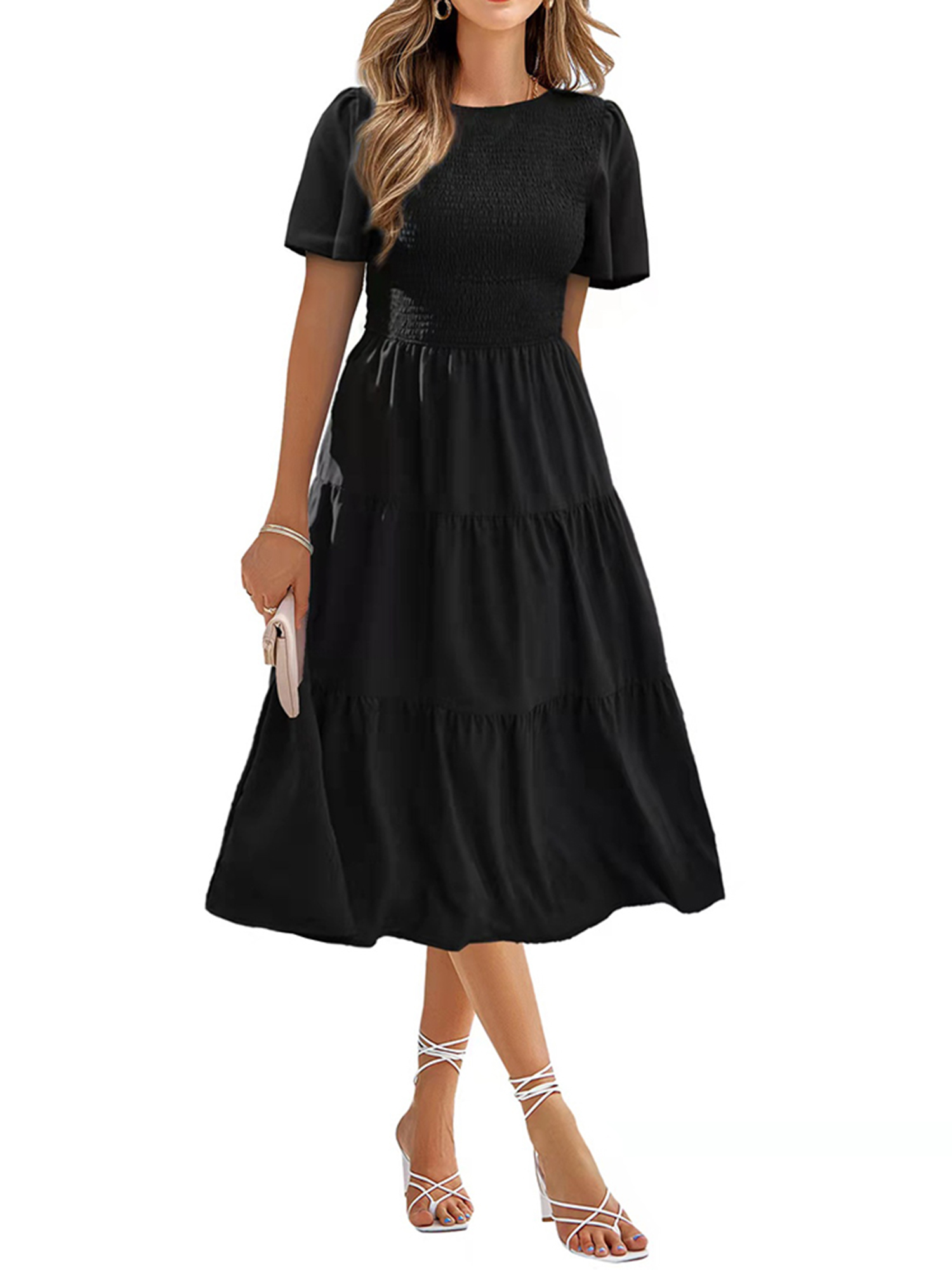 LAPA Women Casual Solid Color Short Sleeve Pleated Midi Dress - Walmart.com