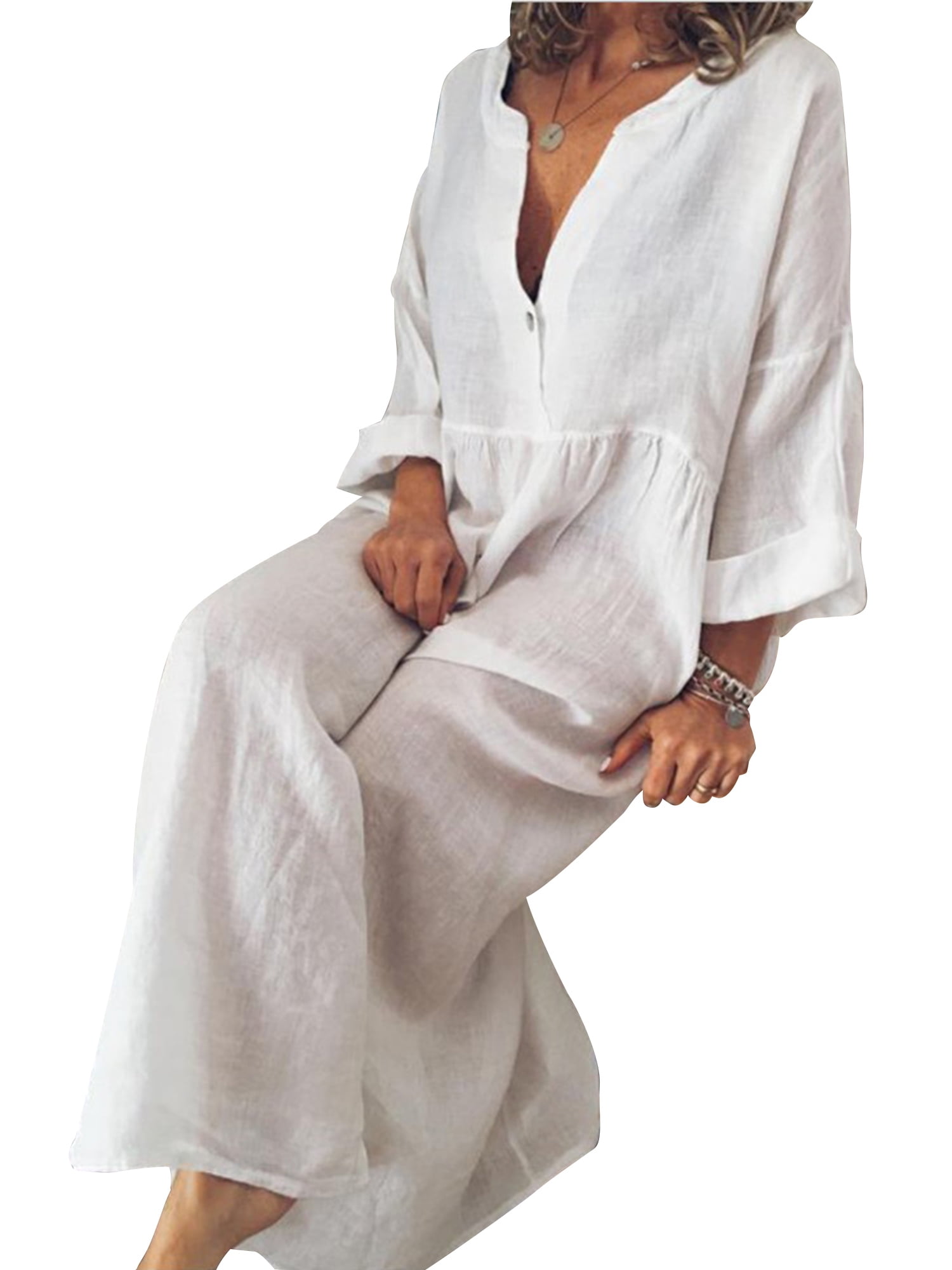 LAPA Women Cotton Linen Long Sleeve Loose Maxi Dress Plus Size Solid