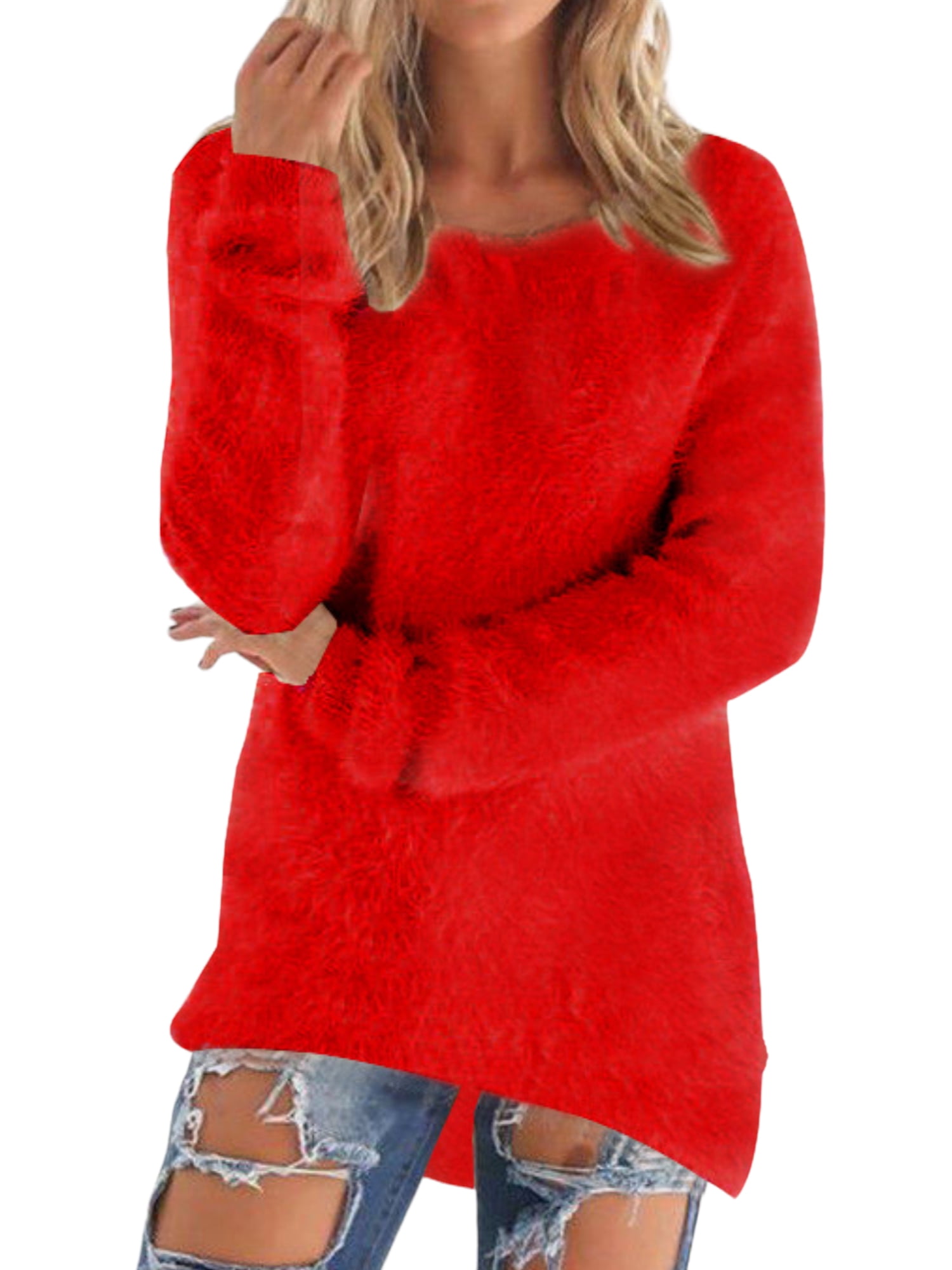 LAPA Women Fuzzy Sweater Pullover Solid Long Sleeve Tunic Jumper Tops