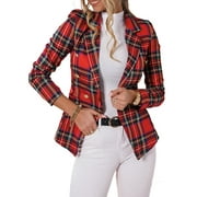 KVMeteor Womens Blazer Plaid Print Long Sleeve Button Slim Fit Short Jacket Outwear