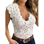 KVMeteor Women Short Sleeve Deep V Neck Lace Tops Shirt Blouse