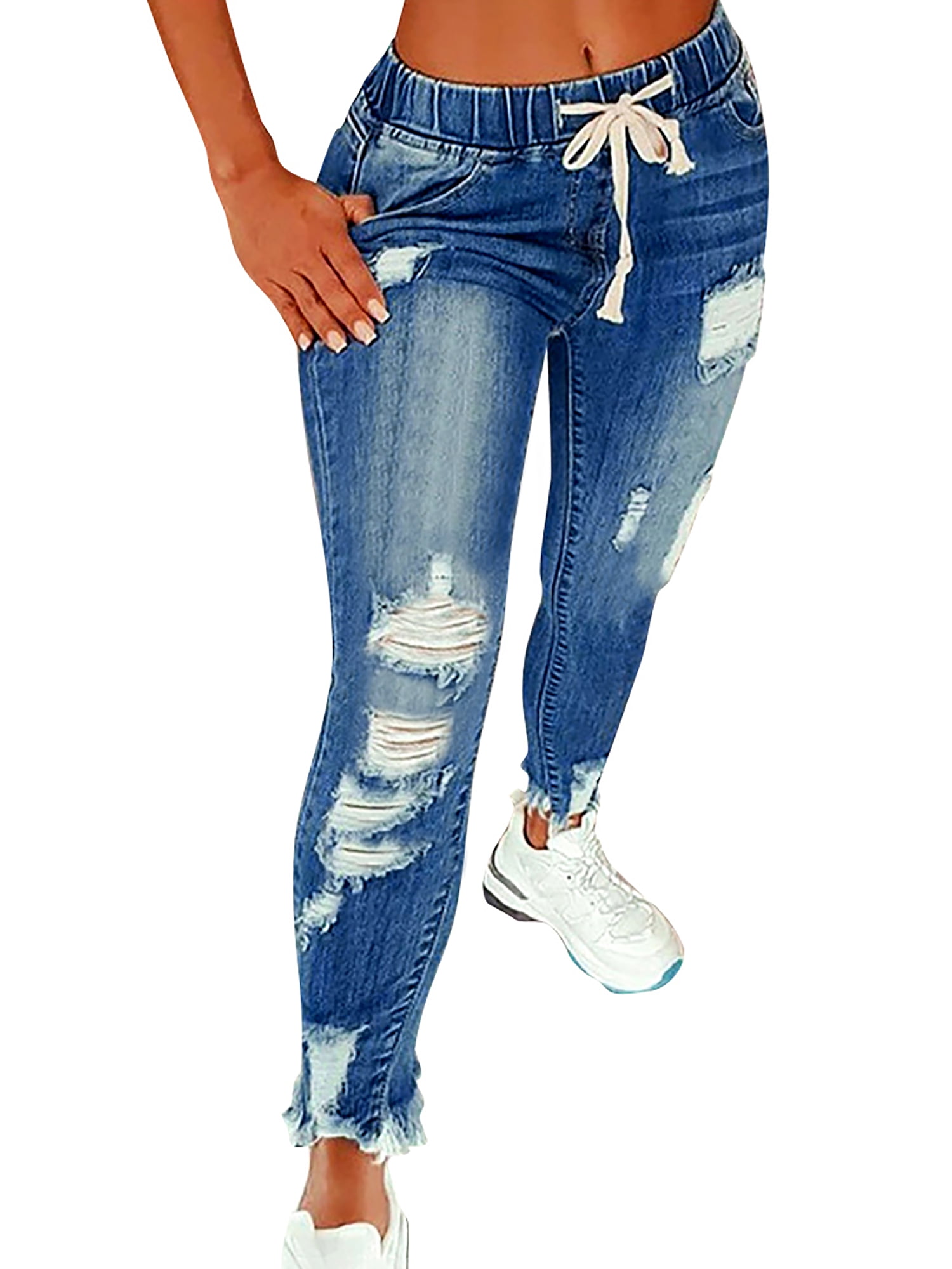 LAPA Women's Drawstring Waist Elastic Stretch Destroyed Denim Jogger