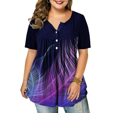 Women's Plus Size Henley V Neck Button up Tunic Tops Casual Short ...