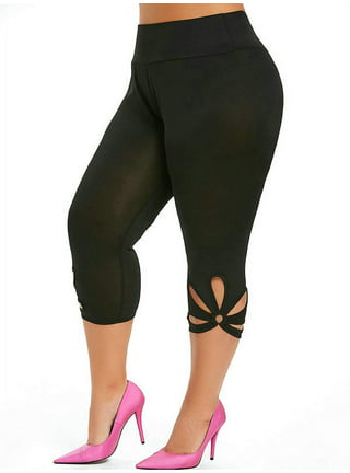 Black or grey Plus Size Casual Capri Leggings, Women's Plus Contrast Lace  Elastic High Waist Skinny Capri Leggings
