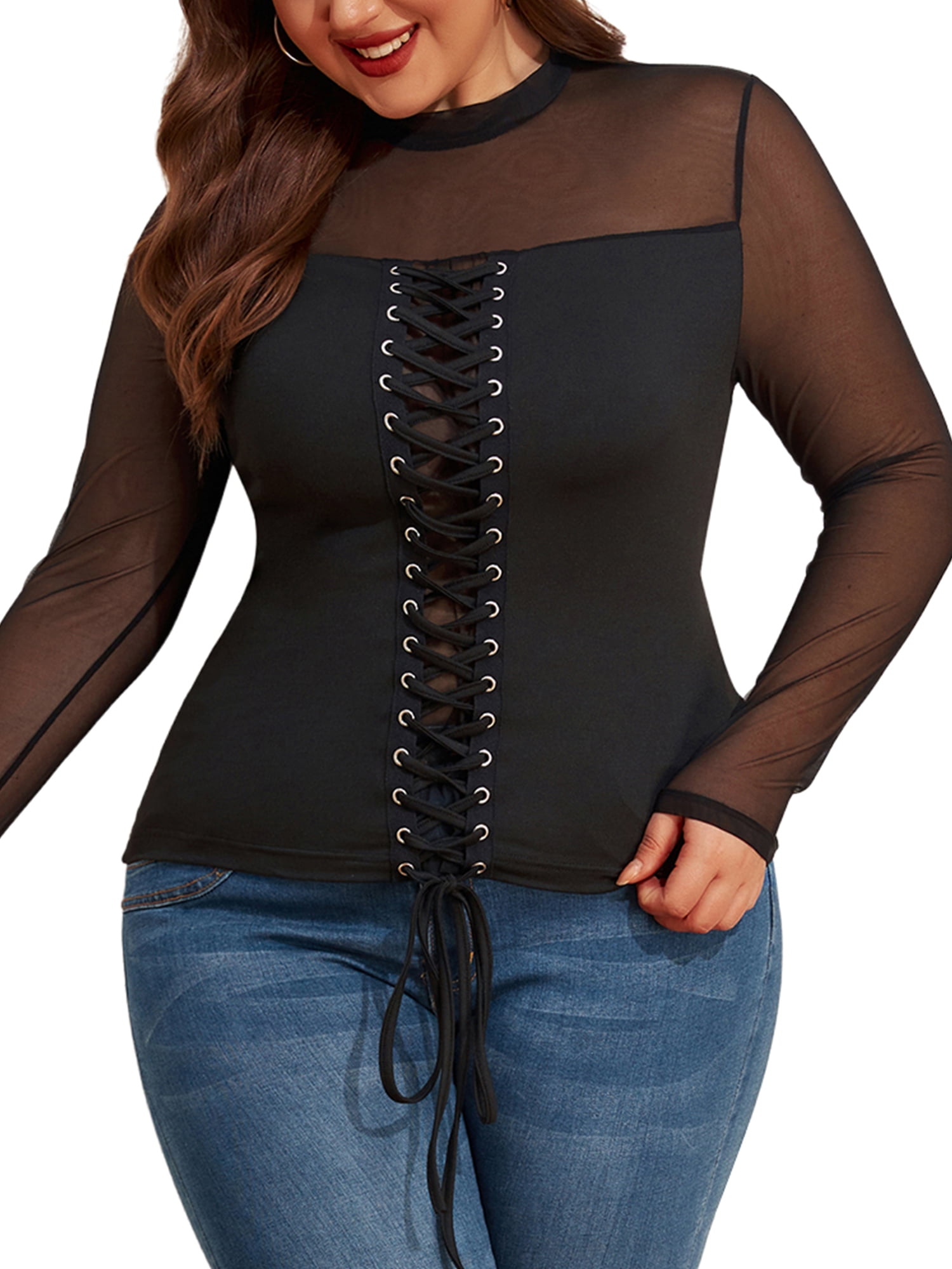 LAPA Women's Plus Size Sexy See Through Long Sleeve Tops 
