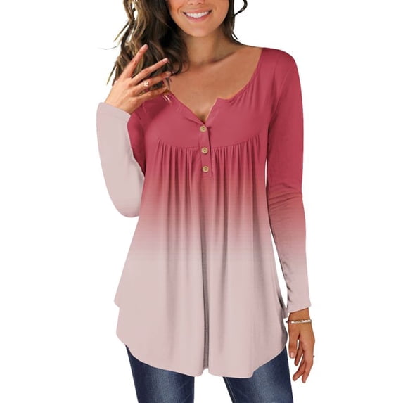KVMeteor Womens Printed Henley V-Neck Casual Blouse Pleated Button Tunic Shirt Top
