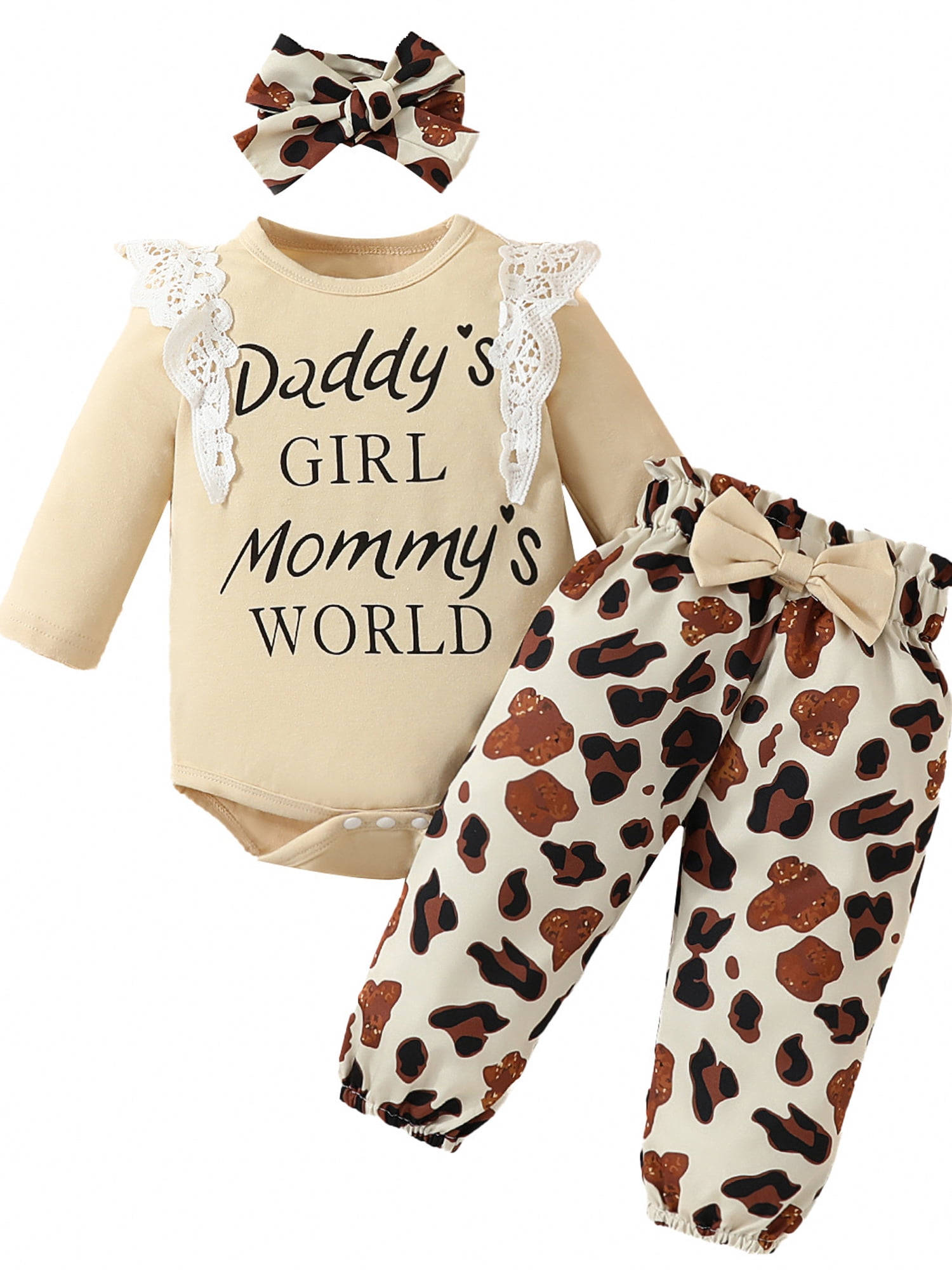 LAPAKIDS 0 Months Baby Girl Clothes 3 Months Girl Outfits Ruffle Sleeve Bodysuit + Leopard Print Pants + Headband