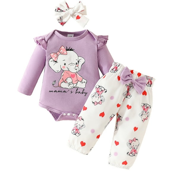 LAPAKIDS Newborn Infant Baby Girl Clothes Outfits 0-3 Months Cute Elephant Long Sleeve Romper Top Pants Headband 3Pcs Set