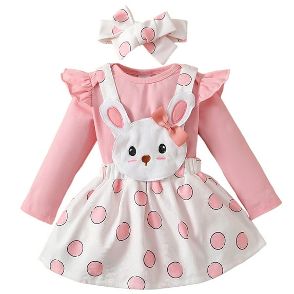 LAPAKIDS Baby Clothes for Girls 9-12 Months Long Sleeve Romper Tops + Bunny Suspender Skirt + Headband 3PCS Outfits